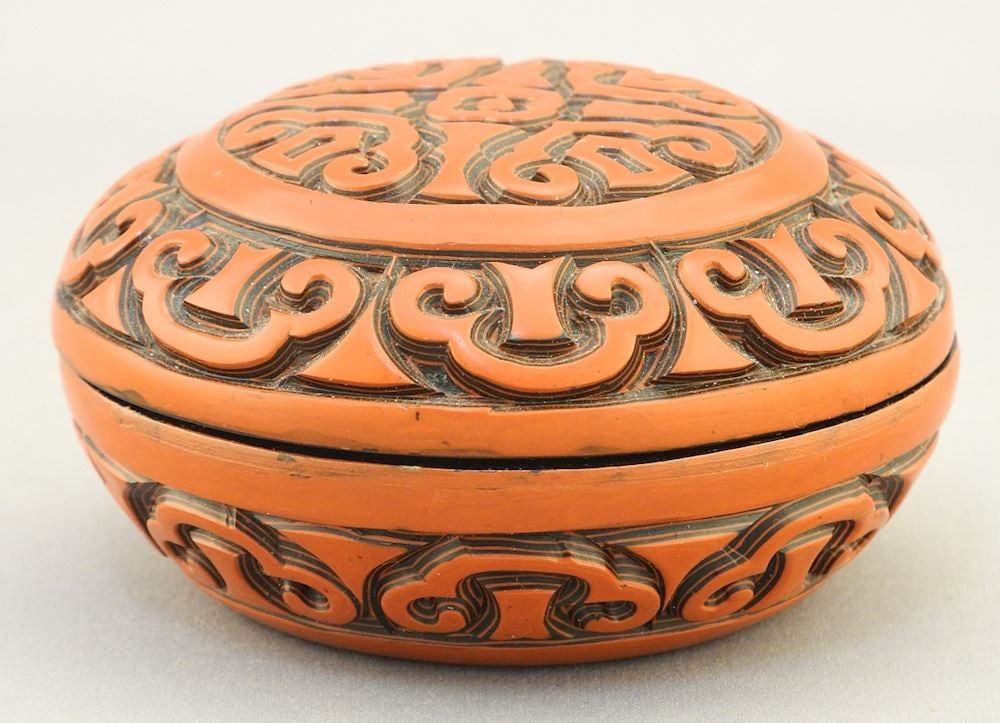 Red & Black Cinnabar Lacquer Box, 3" Diameter. (1 of 3)