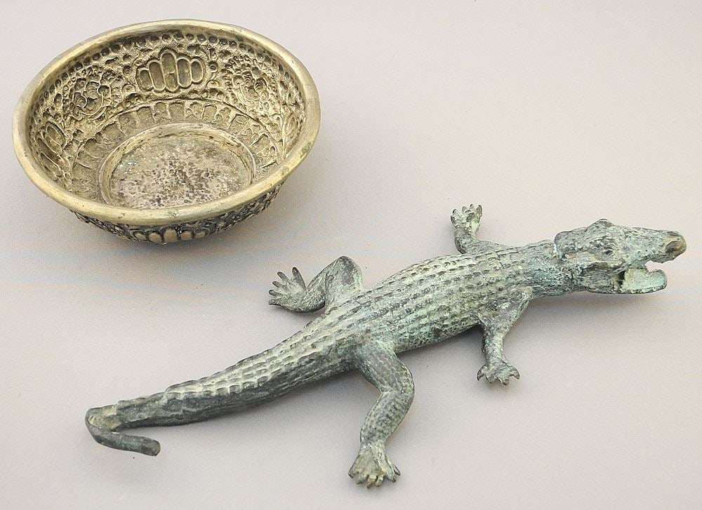 Bronze Alligator Figure (9 1/4"L) with Embossed Silver Alloy Bowl, 5" Diameter. (1 of 2)