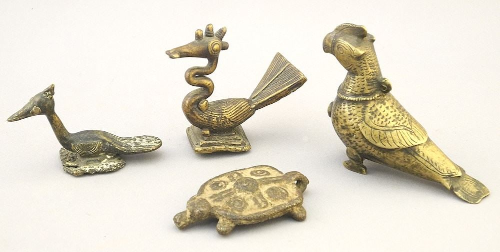4 Bronze Animals: 2 Peacocks, 1 Turtle Amulet & Parrot Whistle, 2" - 2 3/4", TW 171 Grams.: 4 Bronze Animals: 2 Peacocks, 1 Turtle Amulet & Parrot Whistle, 2" - 2 3/4", TW 171 Grams.