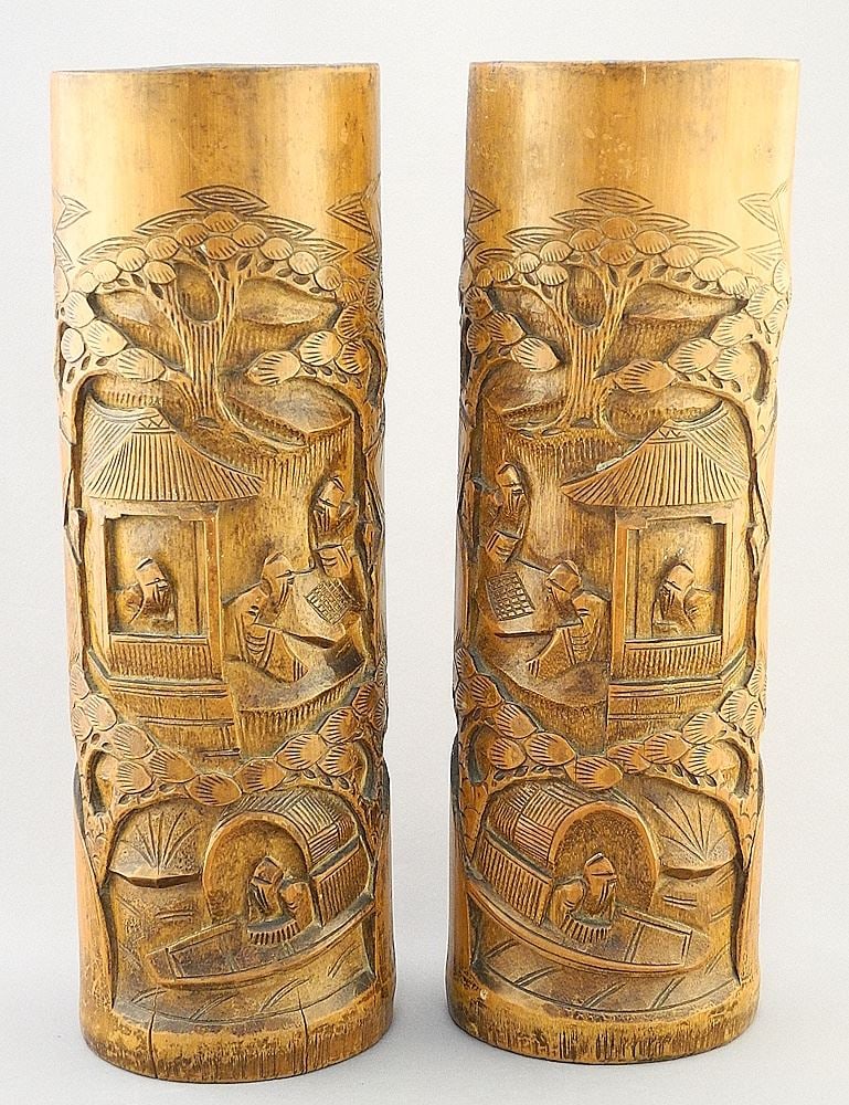 Pair of Chinese Carved Bamboo Vases, 12 1/2"H.: Pair of Chinese Carved Bamboo Vases, 12 1/2"H.