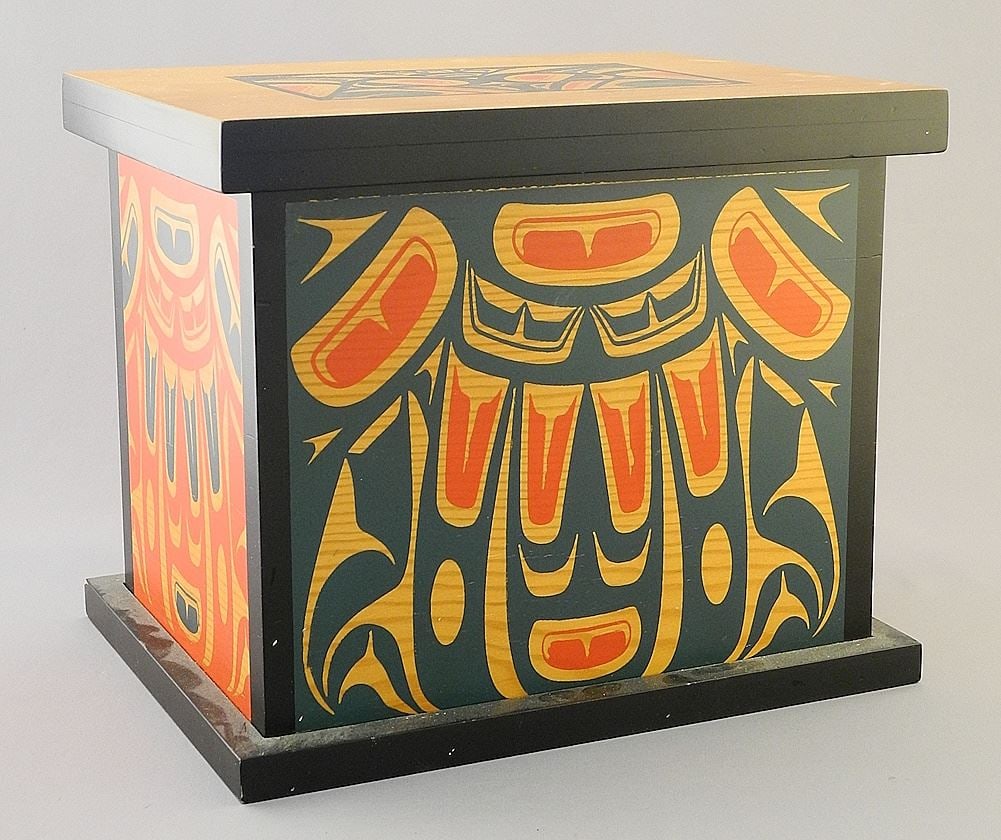 Haida Cedar Box signed Clarence Wells, 9 1/2" x 7 1/2" x 8". (1 of 3)