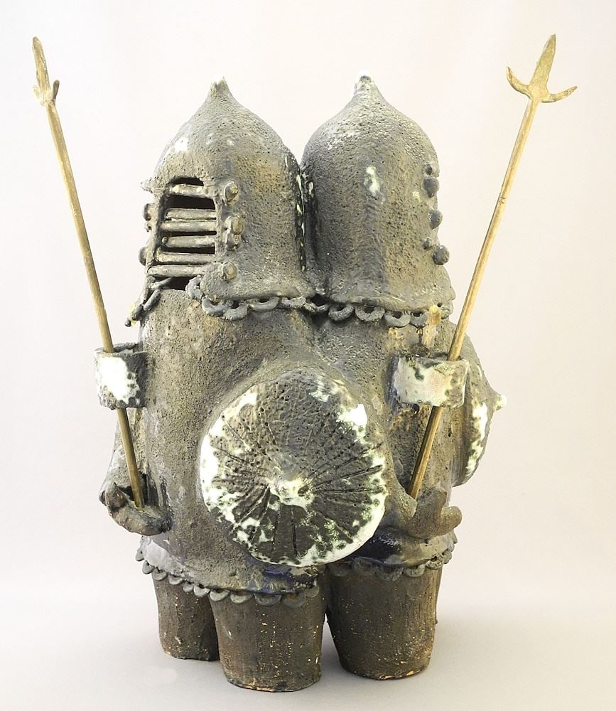 Ceramic Sculpture signed H. (Hanni) Rothschild, 15 1/4" x 10 1/2" x 9", "Two Knights" w/ Literatur (1 of 6)