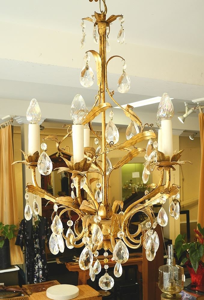 Vintage Gilt Metal & Crystal Droplet Ceiling Fixture, Approx. 24"h. (1 of 3)