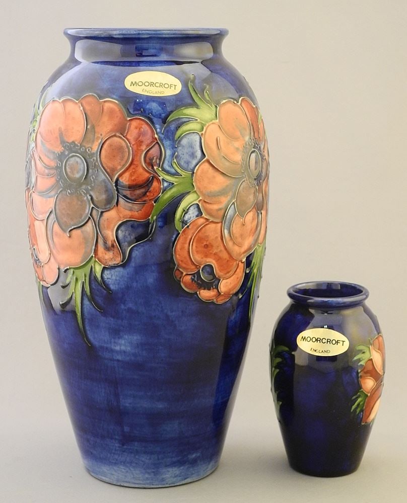 2 Moorcroft Anemone Vases: 10" & 4 1/8"h. (1 of 3)
