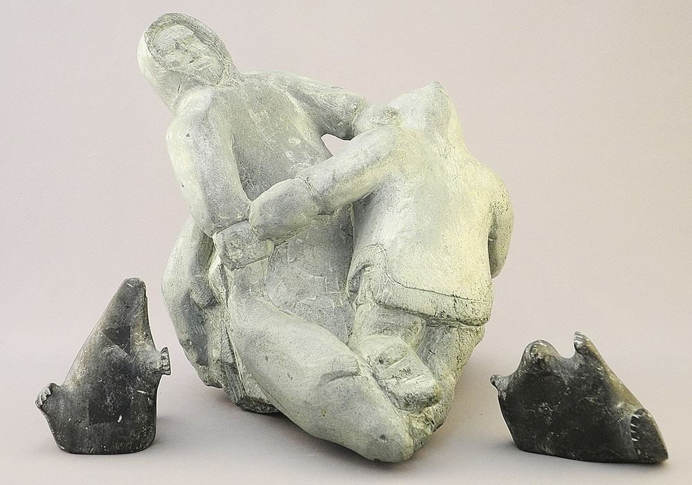 3 Inuit Sculptures signed Indistinctly (7 3/4" x 8 1/4" x 7") & James Houston Photo. (1 of 5)