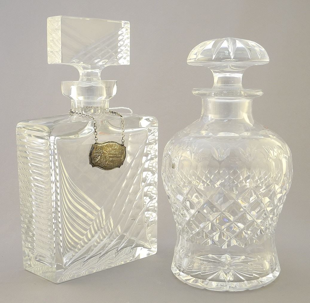 2 Crystal Decanters, 1 with Plated Label, 10 1/8" & 9 1/4". (1 of 2)