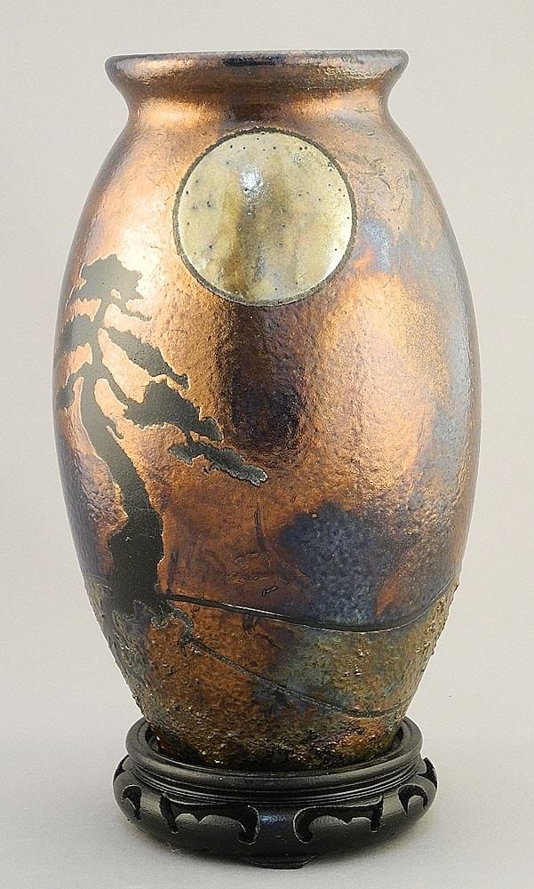 Raku Vase signed Braemar (Kevin Wright), 9 3/8"H with Wood Stand. (1 of 3)