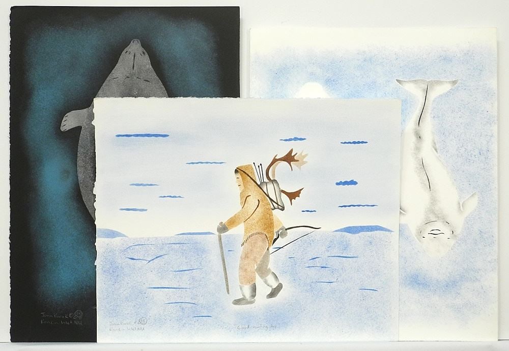 3 Inuit Stencils signed John Kurok 05', Approx. 14" x 11", "Rankin Inlet Scenes".: 3 Inuit Stencils signed John Kurok 05', Approx. 14" x 11", "Rankin Inlet Scenes".