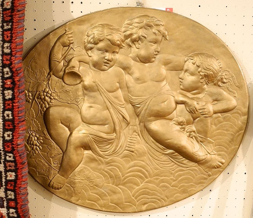 Cast Plaster Roundel of Bacchanalian Celebrants, 23" x 27".: Cast Plaster Roundel of Bacchanalian Celebrants, 23" x 27".