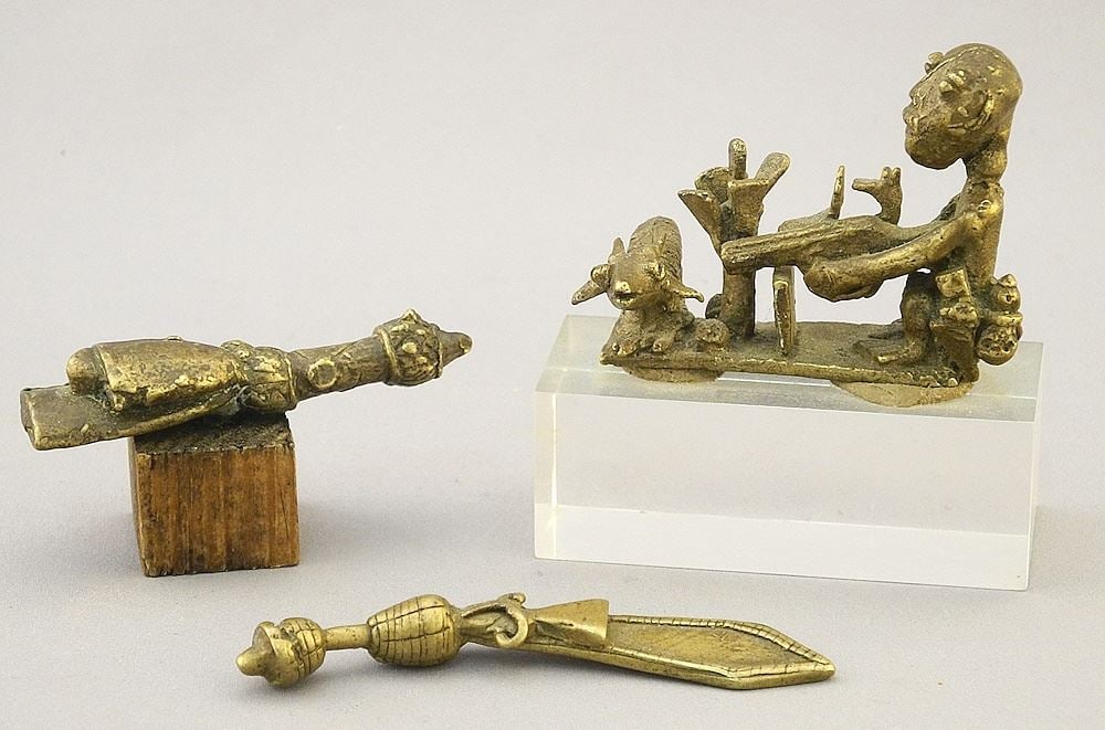 Bronze Figure Depicting Sacrifice, 2 1/4" x 2 3/4"H with Base & Bronze Sword (3") & Spear Tip (2 (1 of 2)