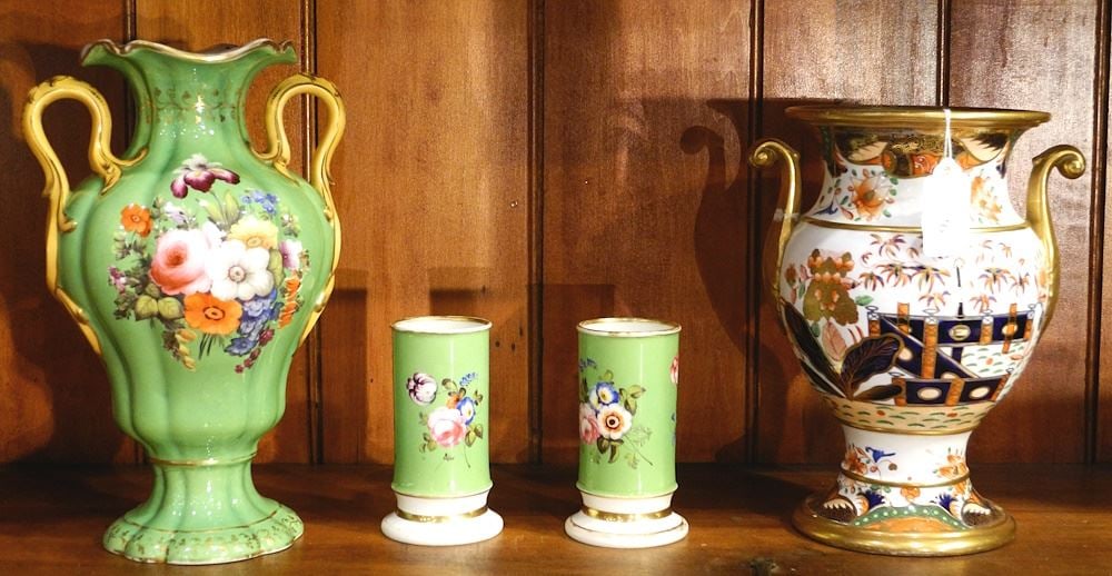 Two 19th C. Porcelain Urns & Pair of Spill Vases, 4 1/8" - 9 1/2"H (as found) (restoration noted) (1 of 1)