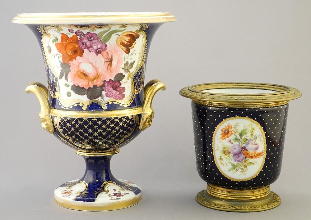 19th C. Blue Scale Porcelain Urn (8 1/4"h) (chipped), & Brass Mounted Pot, 5"h (no lid). (1 of 3)
