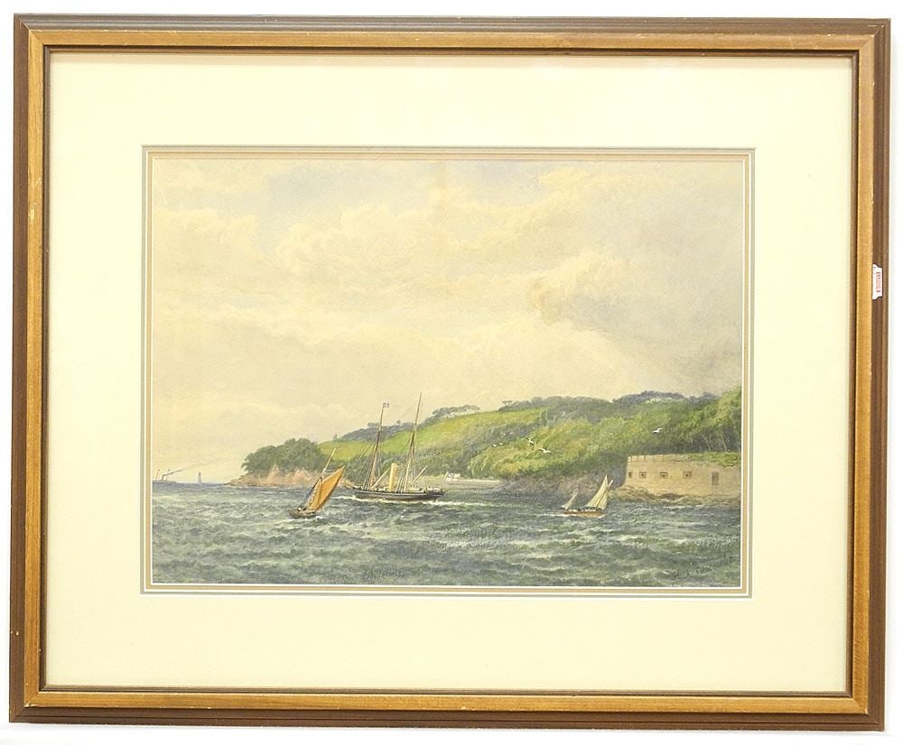 Watercolour signed H. (Henry) A. Luscombe, 10 1/2" x 14 3/8", "Coastal View with Steam S: Watercolour signed H. (Henry) A. Luscombe, 10 1/2" x 14 3/8", "Coastal View with Steam S
