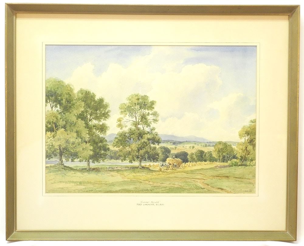Watercolour signed Percy Lancaster, 13 1/2" x 19 1/8", "Summer Harvest". (1 of 5)