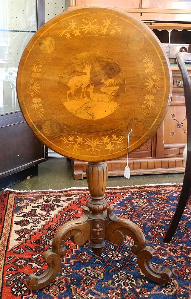 19th C. Elaborately Inlaid Tilt-Top Hunt Table, 21 1/2" Diameter.: 19th C. Elaborately Inlaid Tilt-Top Hunt Table, 21 1/2" Diameter.