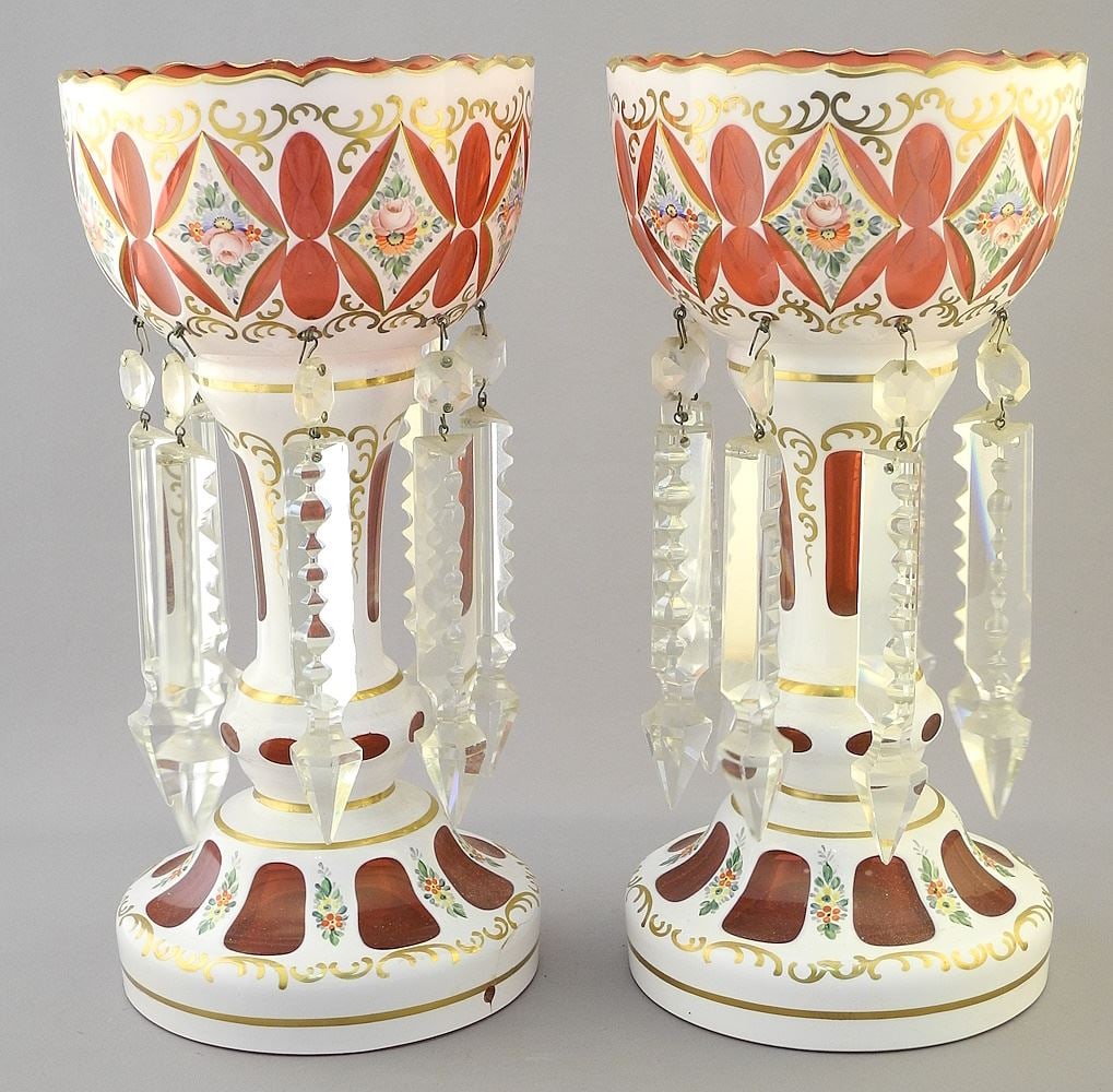 Pair of Overlay Glass & Crystal Lustres, 10 1/2"H. (1 of 1)