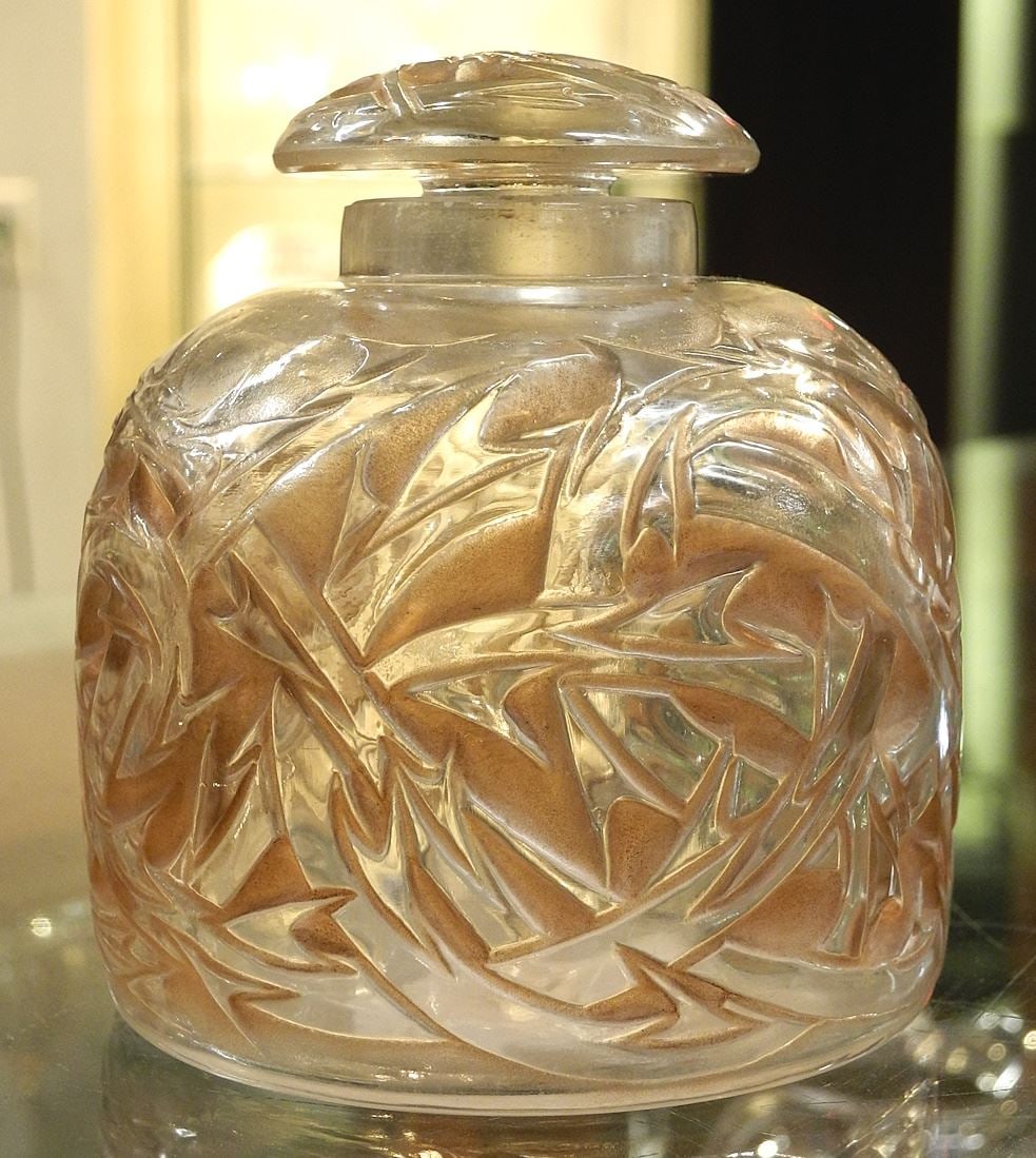 R. Lalique France Perfume Bottle (signed), 4 1/8"H (stopper chipped). (1 of 3)