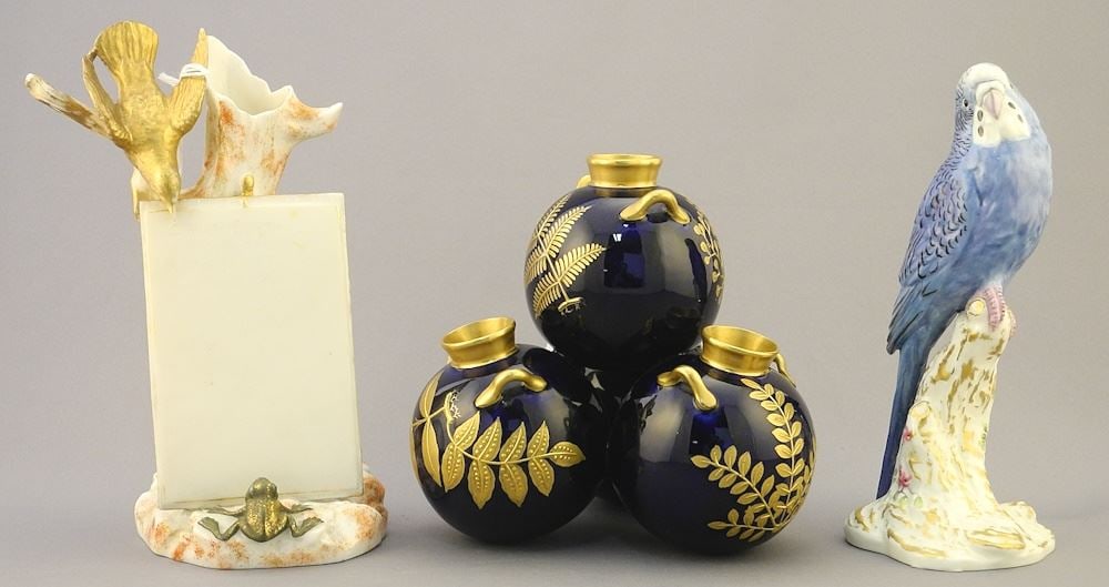 Royal Worcester Gilt Cobalt Posey Vase (5 1/2"h) & 2 Bird Figurines (restored). (1 of 5)