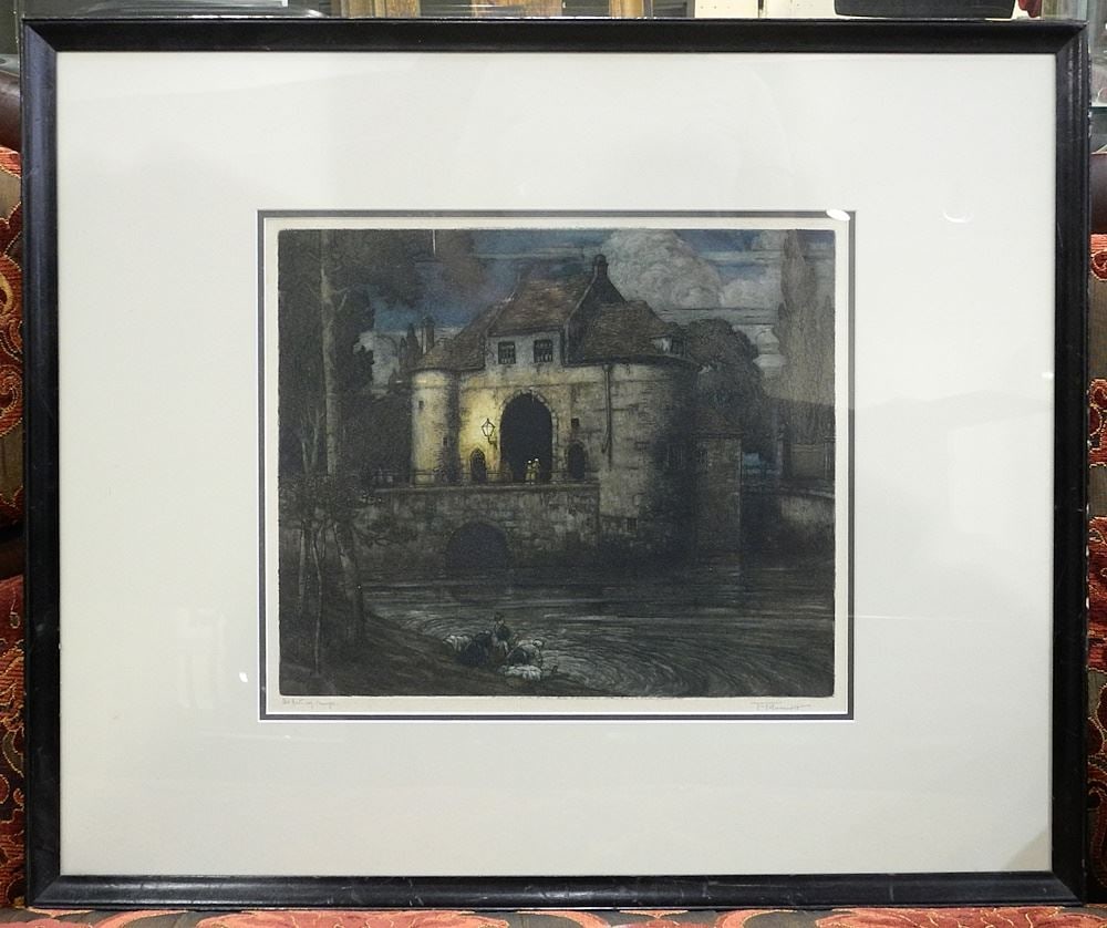 Etching with Aquatint signed F (Frederick) Marriott, 11 3/8" x 13 1/4", "Old Gateway".: Etching with Aquatint signed F (Frederick) Marriott, 11 3/8" x 13 1/4", "Old Gateway".