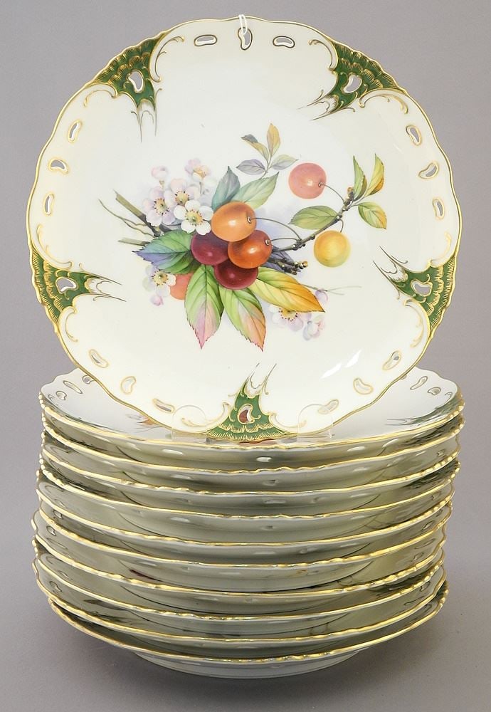 11 EW Vienna Porcelain Fruit Motif Dessert Plates, 8 5/8" Diameter. (1 of 3)