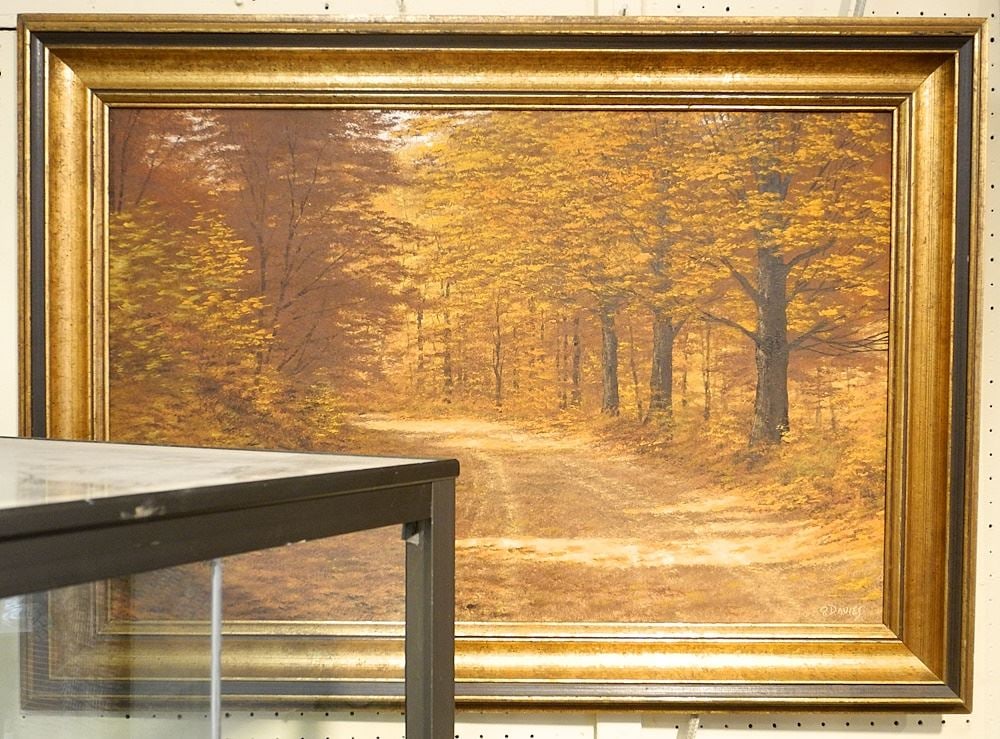 Oil on Masonite signed O. Davies, 19 3/8" x 29 1/2", "Autumn Roadway".: Oil on Masonite signed O. Davies, 19 3/8" x 29 1/2", "Autumn Roadway".