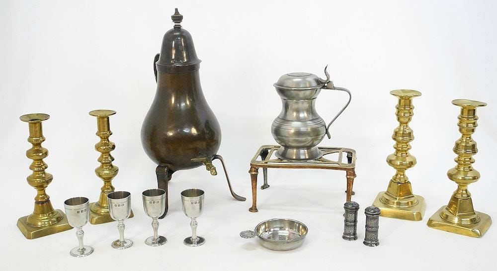 Collection of 17th - 20th C. Brass / Copper / Pewter Wares: Urn / Sticks / Sundries. (1 of 3)