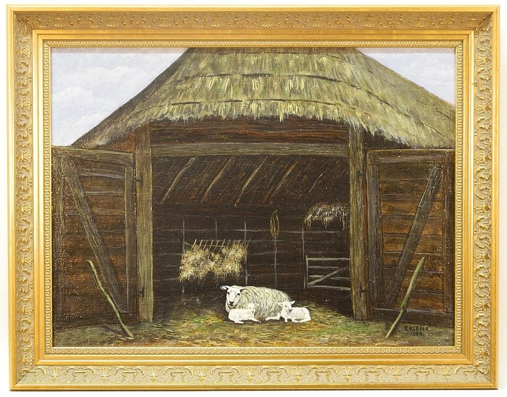 Oil on Canvas signed T. Klever 1992, 11 1/2" x 15 1/8", "Sheep at Rest". (1 of 4)