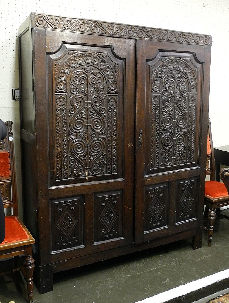 Antique Oak 2 Door Cupboard, 55 1/2" x 20" x 71 1/4". (1 of 4)
