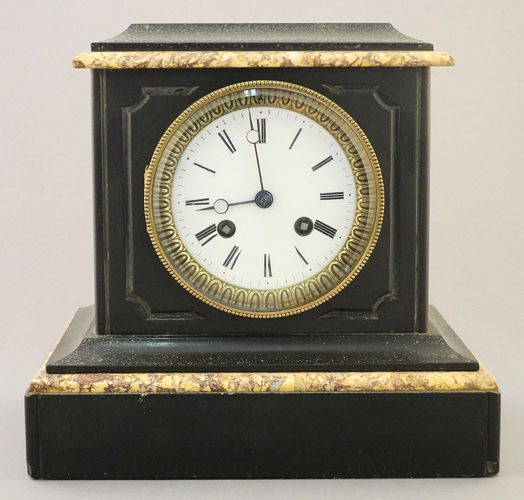 19th C. Marble English Mantle Clock by Japy Freres #1054C, 8 3/4"W x 6 1/2"D x 8 1/4"H. (1 of 4)