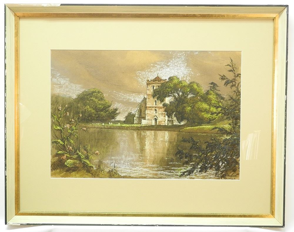 Pastel on Paper signed Dickinson 1965, 14" x 20 1/2", "Pond with Ruins & Roses".: Pastel on Paper signed Dickinson 1965, 14" x 20 1/2", "Pond with Ruins & Roses".