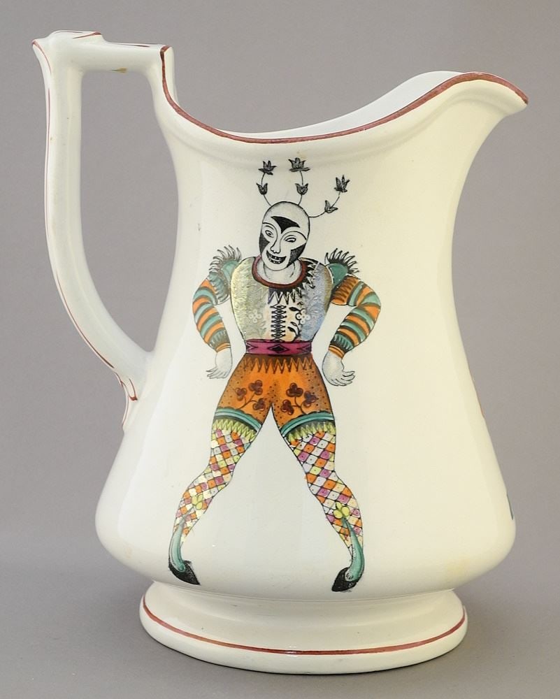 Elsmore & Forster Ironstone "Clown" Puzzle Jug, 8 1/4"h.: Elsmore & Forster Ironstone "Clown" Puzzle Jug, 8 1/4"h.