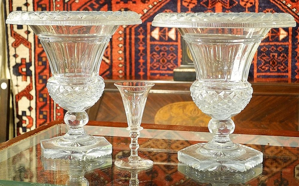 Pair of Antique Blue Tinted Crystal Urns (chipped) & Cordial Glass, 7 3/4" & 4 1/4"h.: Pair of Antique Blue Tinted Crystal Urns (chipped) & Cordial Glass, 7 3/4" & 4 1/4"h.
