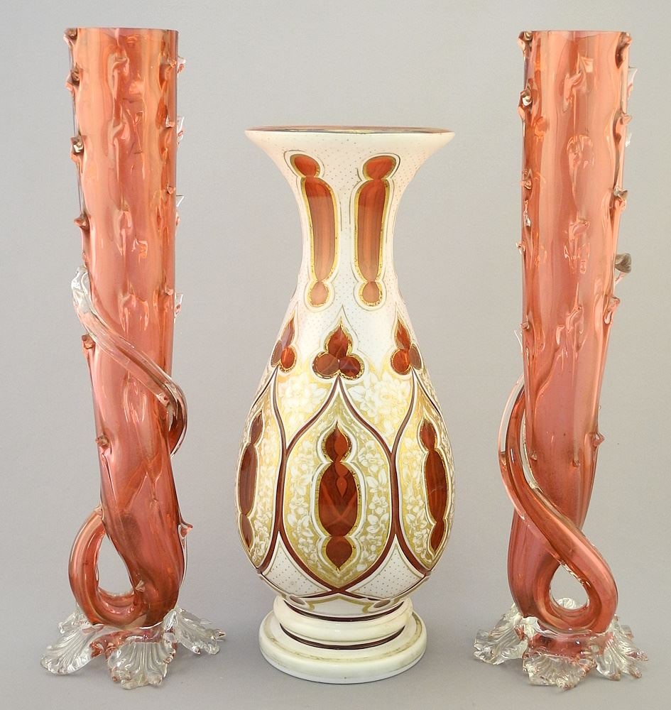 Pair of Thomas Webb "Thorn" Vases (12 7/8"h) & French Overlay Vase, 11"h.: Pair of Thomas Webb "Thorn" Vases (12 7/8"h) & French Overlay Vase, 11"h.