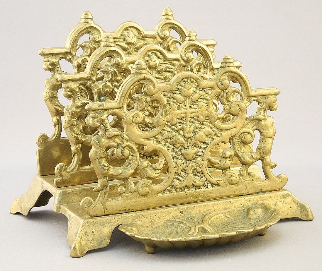 19th C. Brass Letter Rack, 5 1/8" x 6 5/8" x 5 7/8". (1 of 3)