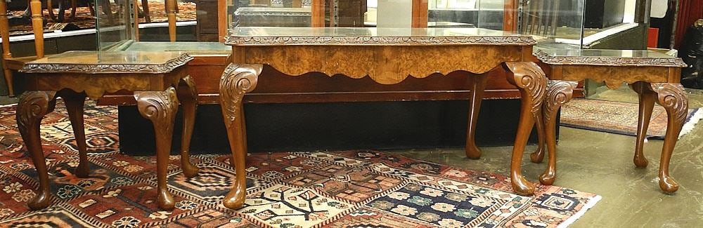 English Burl Walnut Cocktail Table, 37" Wide, with Two Similar Side Tables (1 of 5)