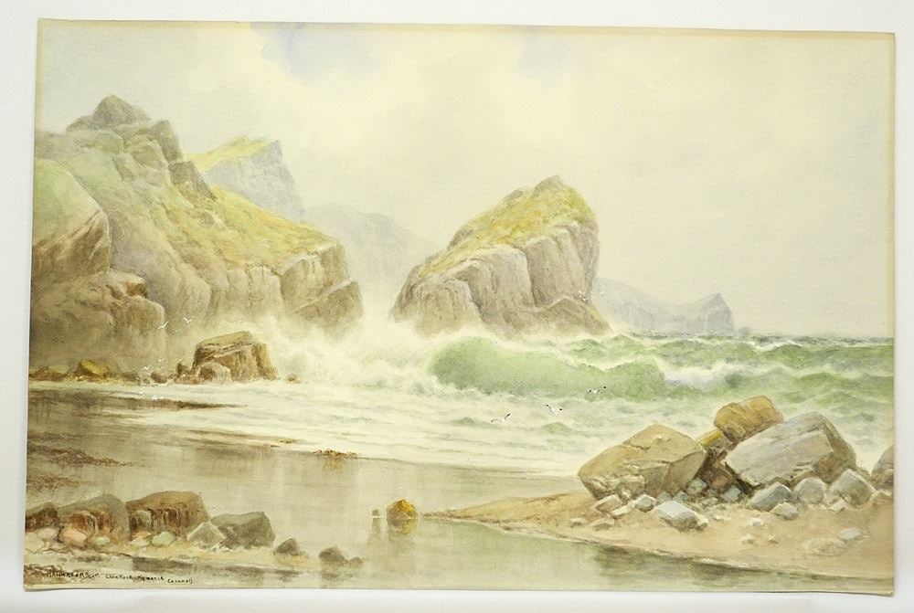 Watercolour signed Hannaford 1950, 18" x 27 1/8", "Lion Rock, Kynance, Cornwall". (1 of 3)