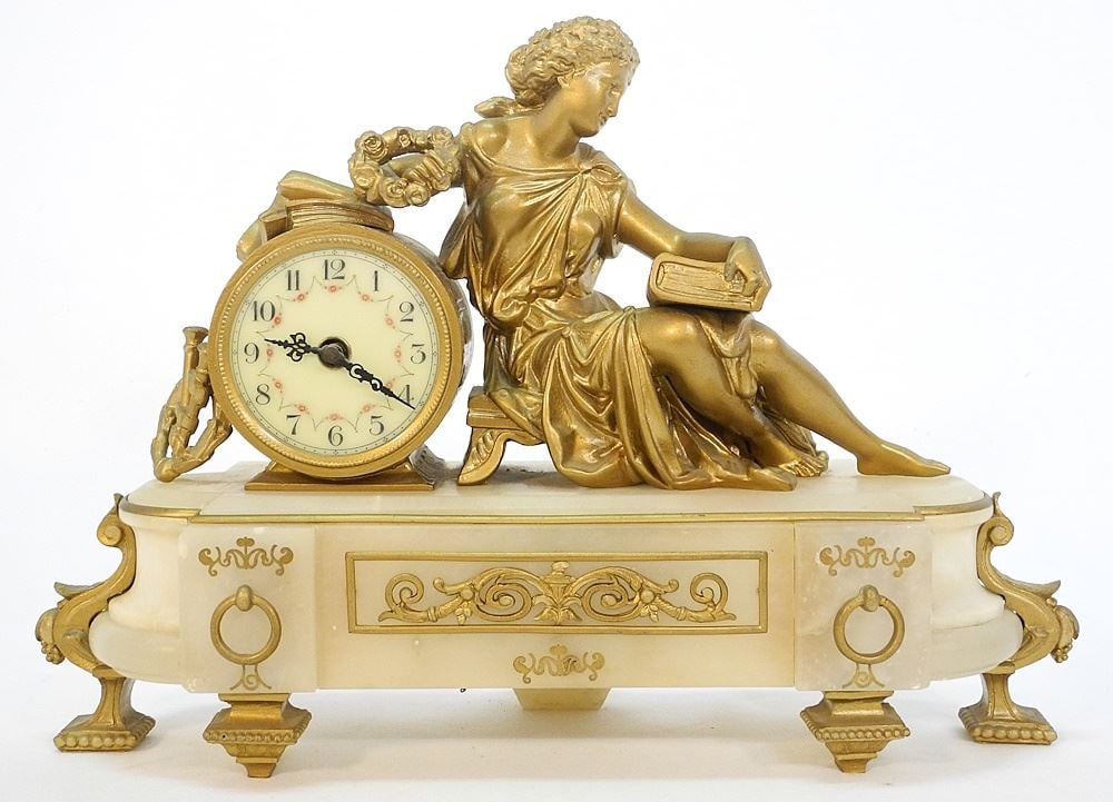 French Alabaster & Spelter Clock, 15 1/2" x 4 1/2" x 11". (1 of 3)