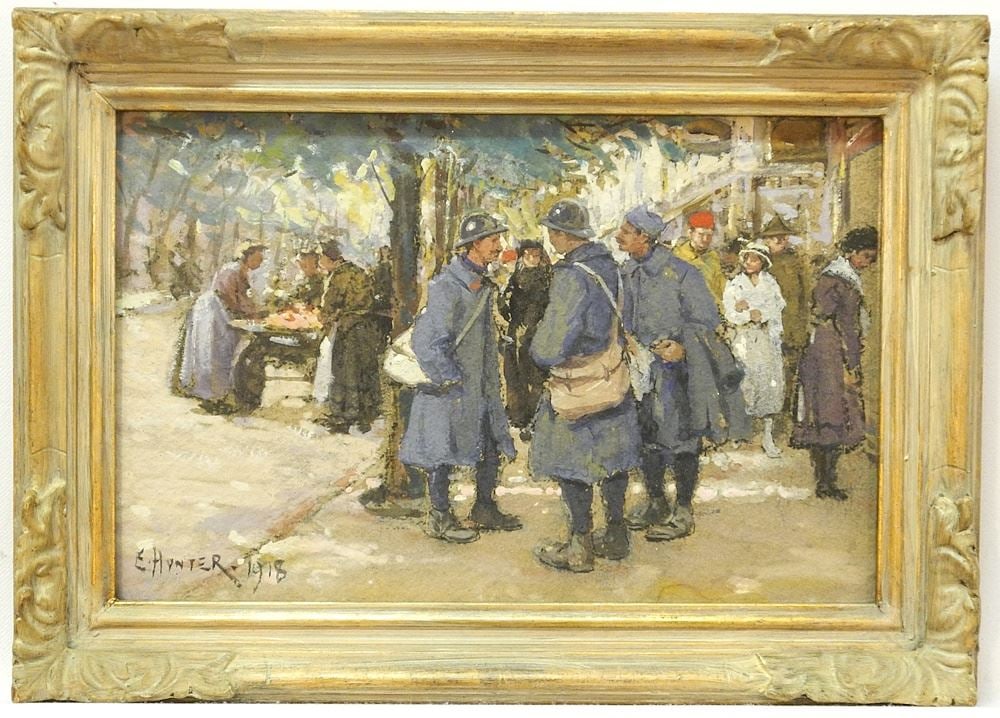 Watercolour signed E. Hunter 1918, 6 1/2" x 10", "Soldiers in Paris". (1 of 4)