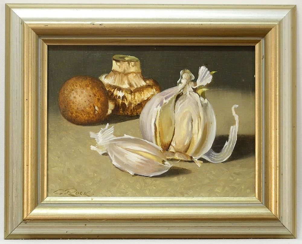 Oil on Masonite signed G. (Geoffrey) Rock, 6" x 8", "Mushrooms & Garlic", 1995. (1 of 4)