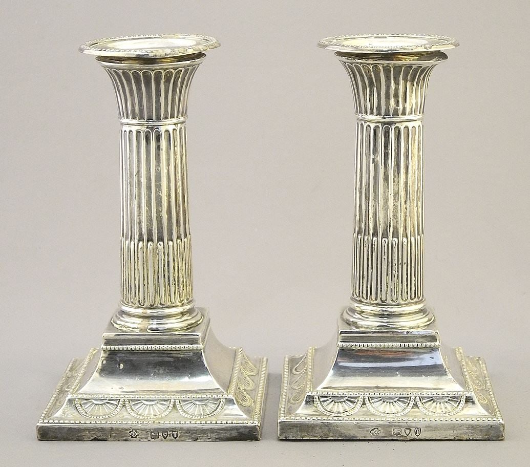 Pair of Hallmarked Silver Candlesticks with Weighted Bases, 5 1/2"h, TW 920g. (1 of 5)