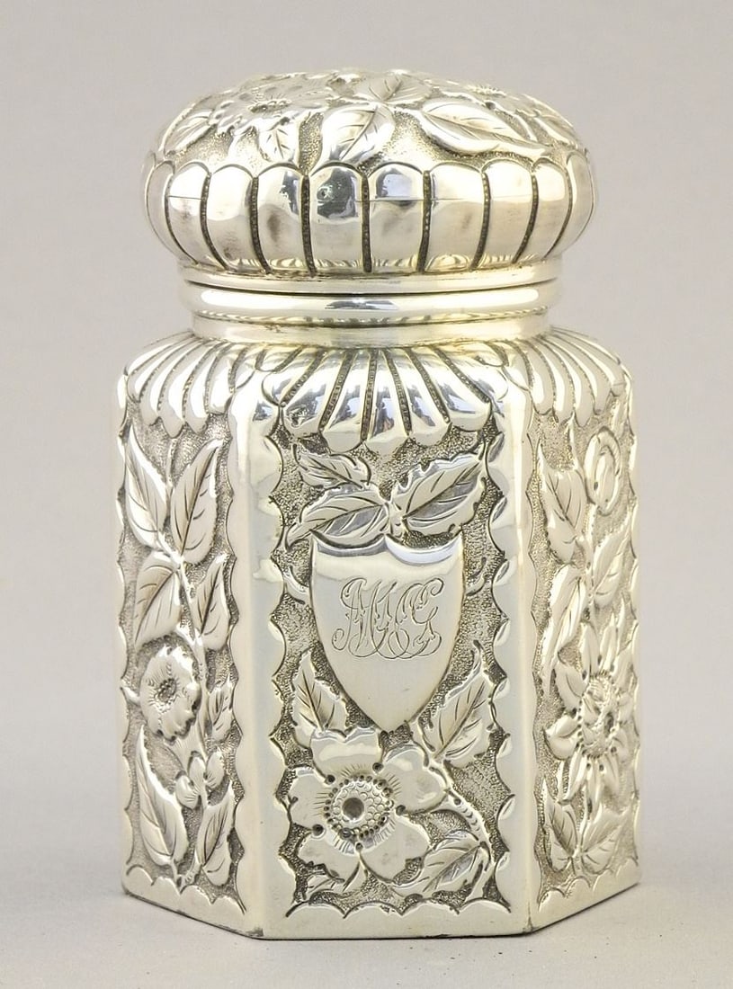 Embossed Silver Mounted Dresser Bottle: AWP / Sheffield (lacking stopper), 3 1/4"h, TW 163g (1 of 6)