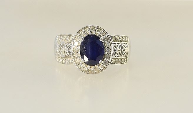 14K (marked) White Gold Sapphire & Diamond Ring, Size 6 3/4, 4.52g. (1 of 5)