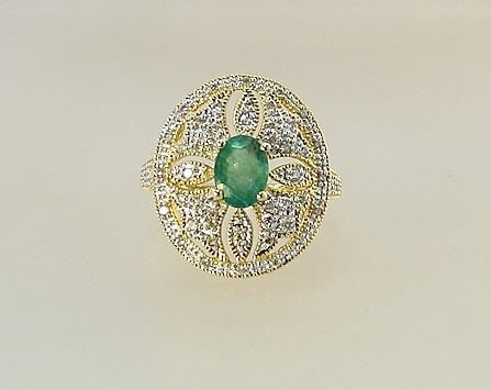 14K (marked) Yellow Gold Zambian Emerald & Diamond Ring, Size 7, 4.2g (1 of 4)