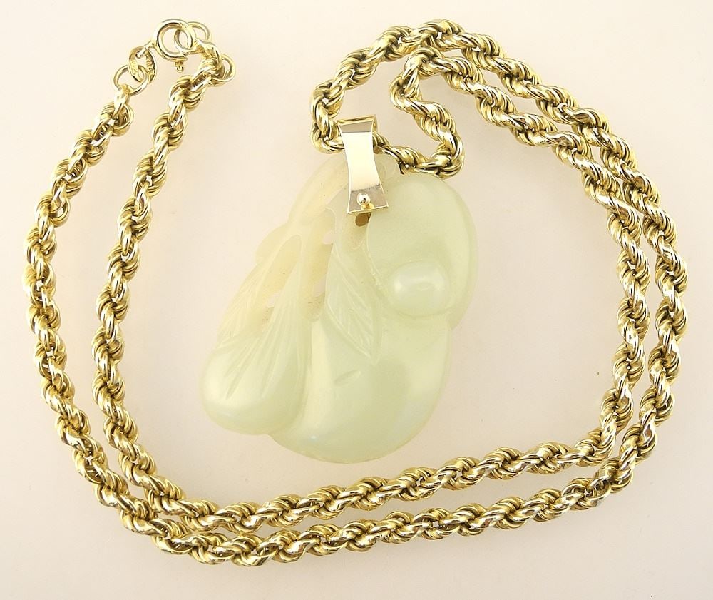 Chinese Pale Green Jade "Ladybug & Pomegranate" Pendant on 14K Gold Chain, 10.61 Grams, 26" L. (1 of 3)