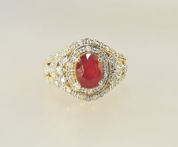 14K (marked) Yellow Gold Burmese Ruby & Diamond Ring, Size 7, 5.4g. (1 of 5)