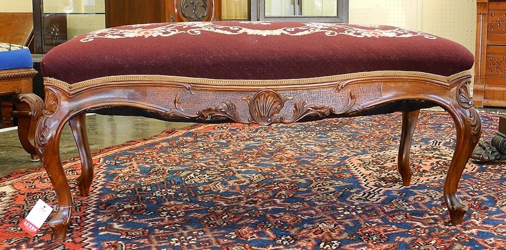 Louis XV Carved Mahogany and Needlepoint Window Seat.: Louis XV Carved Mahogany and Needlepoint Window Seat.
