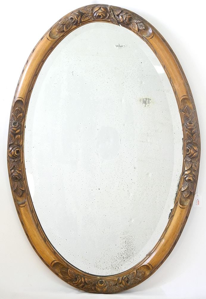 Oval Carved Walnut Framed Mirror with Bevel, 35" x 23 1/2". (1 of 4)