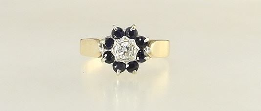 14K (marked) Yellow & White Gold Diamond & Sapphire Cluster Ring, 4.3 Grams, Size 7 1/2. (1 of 4)