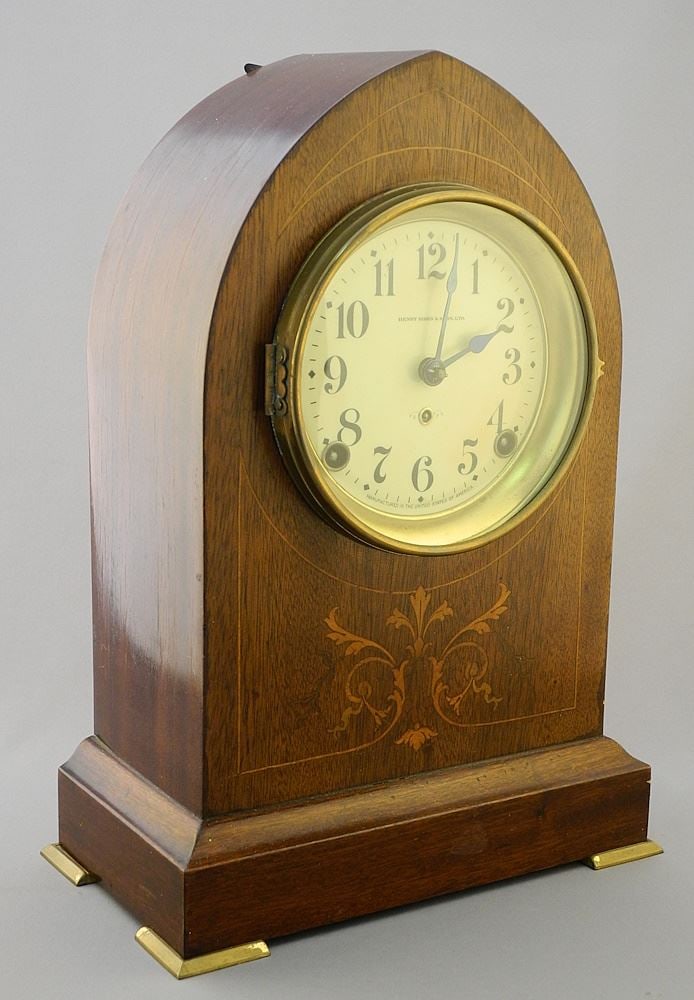 Henry Birks & Sons Inlaid Mahogany Marble Clock, 13 1/4"H. (1 of 5)