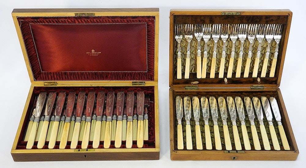 2 Cased Sets of Silver Plated Fish Knives & Forks, 13 & 15"w, (handles noted), NO EXPORT. (1 of 3)